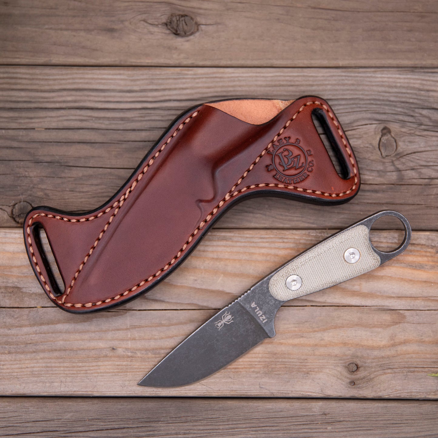 Esee Izula Leather belt loop sheath made using Chestnut English Bridle Leather, sheath only. Made by Lazy 3 Leather Co.