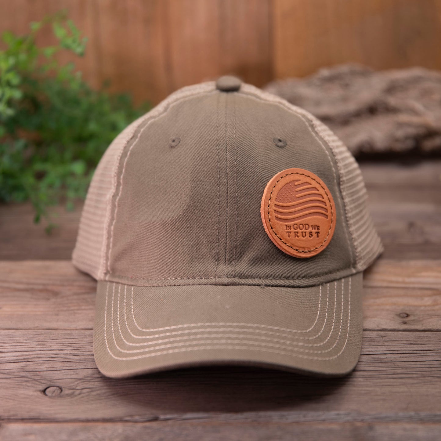 In God We Trust Leather Patch Hat – Handcrafted Full-Grain Trucker Cap