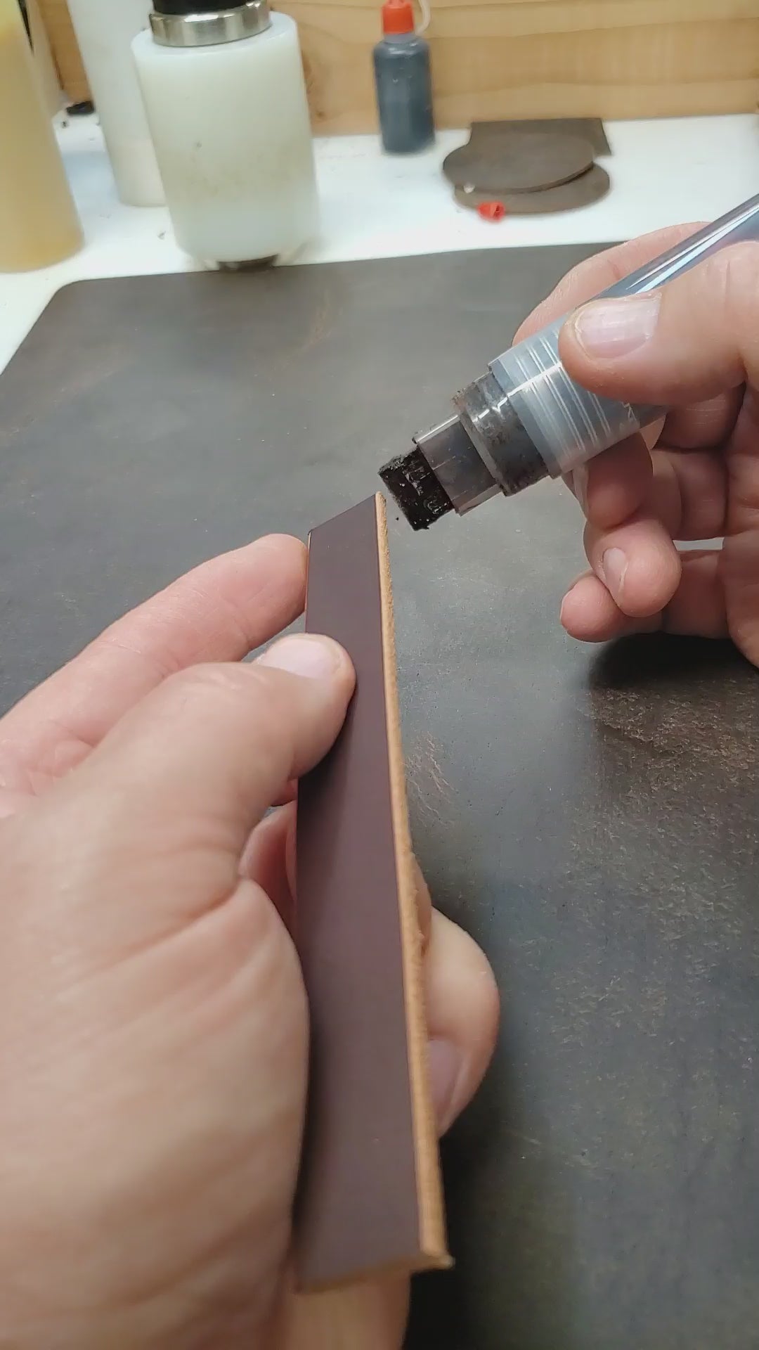 stain pen in use lazy 3 leather co