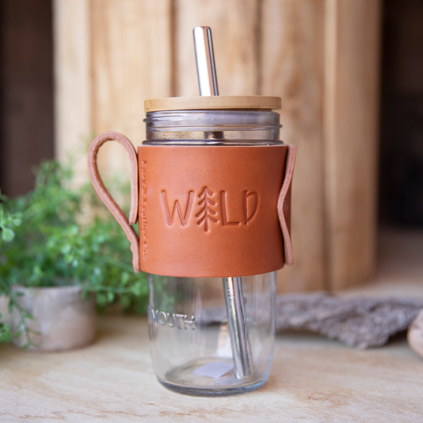 Tan Travel Mug Bamboo lid with Boba Straw - Lazy 3 Leather Company