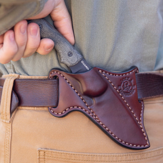 Handcrafted leather sheath for Bradford Guardian 3, made from full-grain English bridle leather with 1.5" belt loop for EDC carry made by Lazy 3 Leather Co.