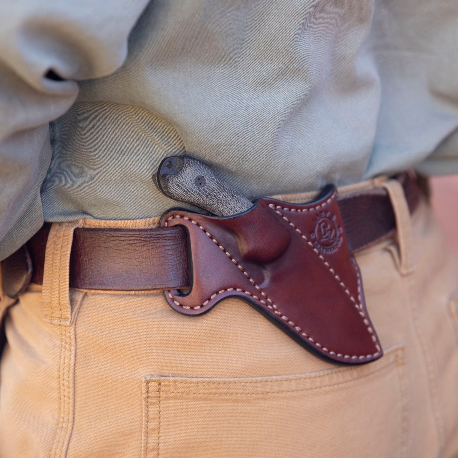 Premium full-grain leather sheath for Bradford Guardian 3, made by Lazy 3 Leather Co.