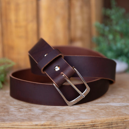 Custom Full-Grain Leather Belt – Chocolate/ Silver