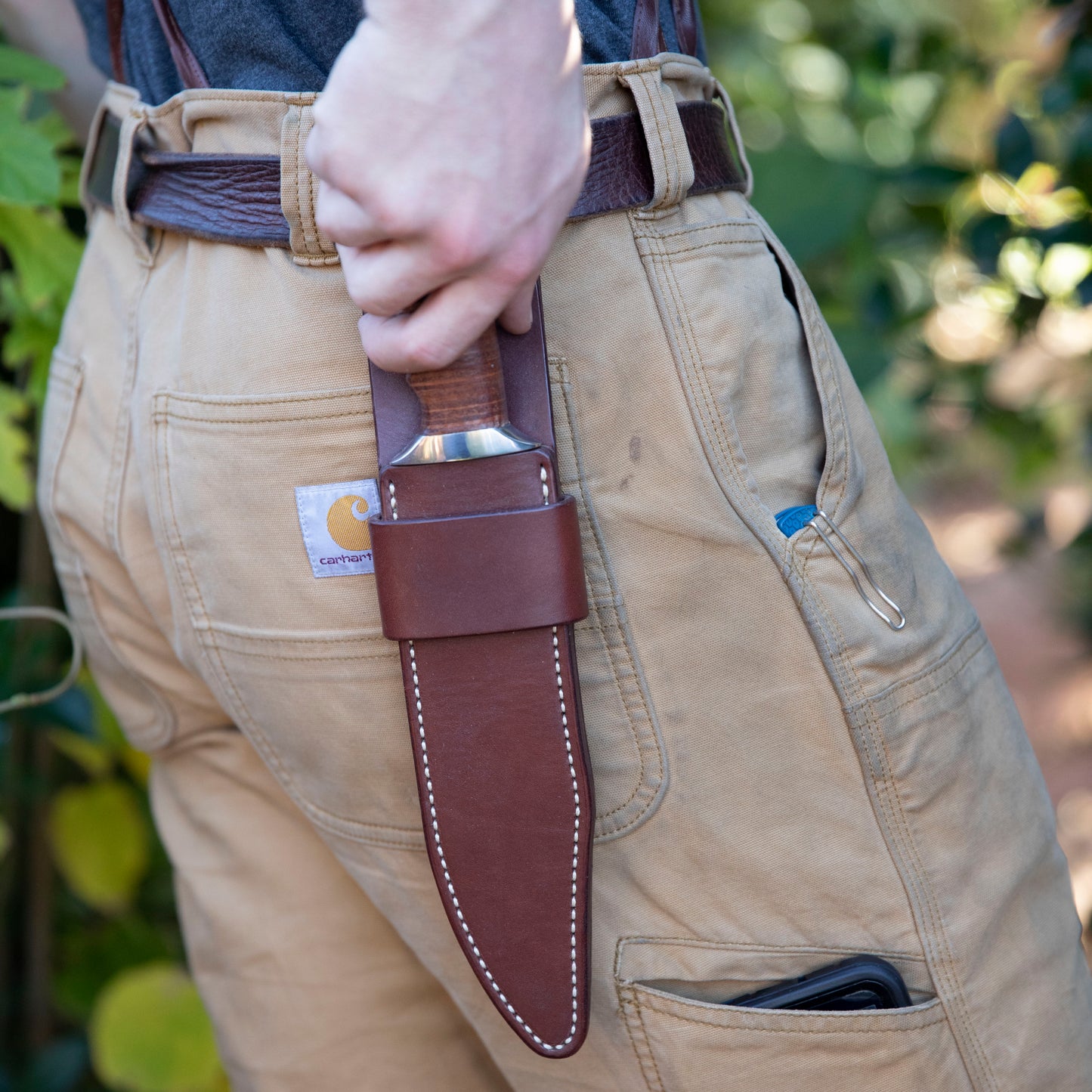 Giant Bowie Knife with Brown Leather Vertical Carry Sheath