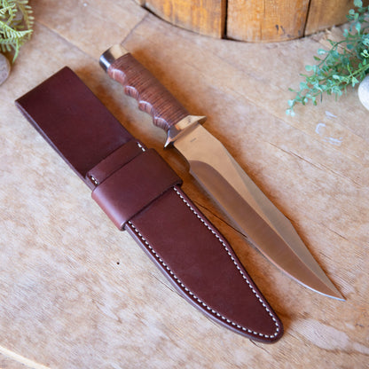 Giant Bowie Knife with Brown Leather Vertical Carry Sheath