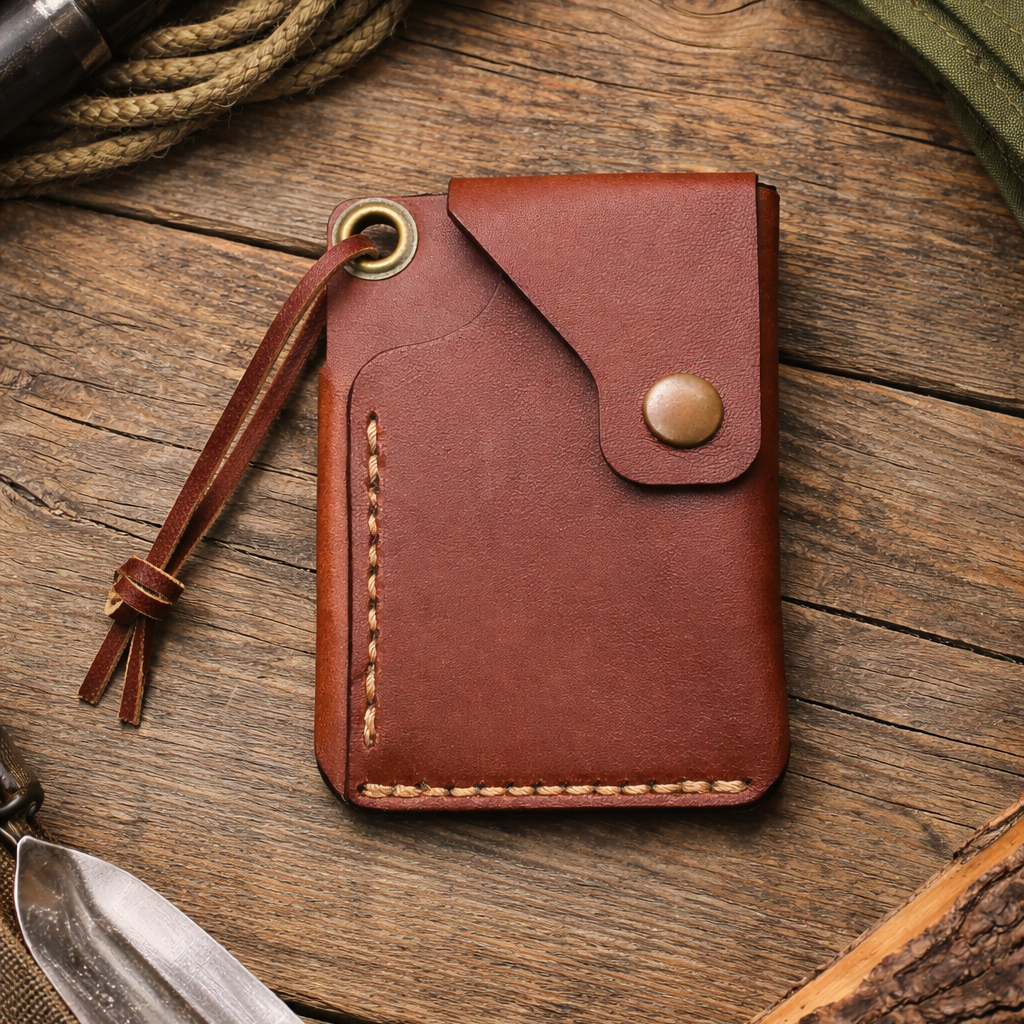 Brown leather wallet with lanyard strap and eyelet hole on a wooden surface 