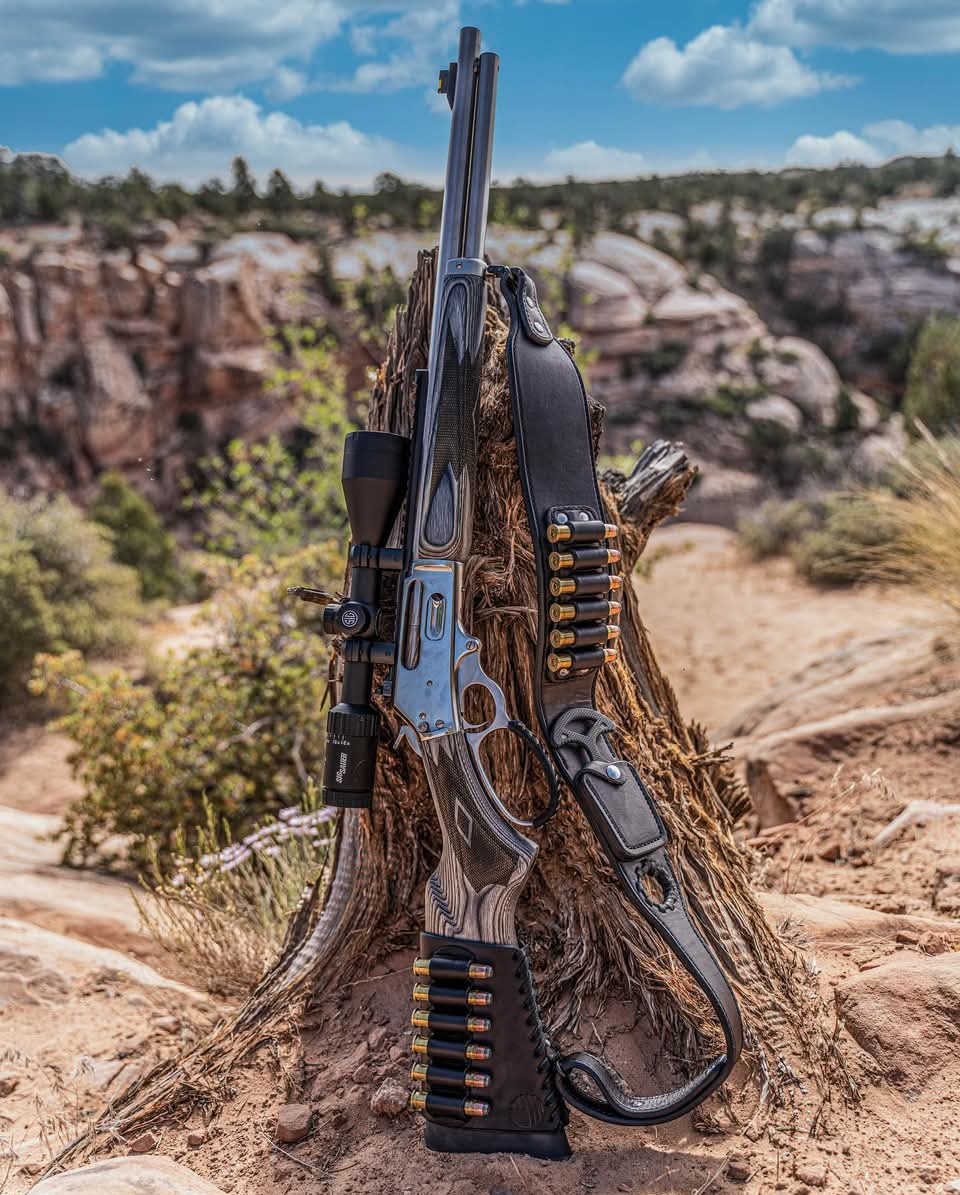 Black English bridle leather bandolier rifle sling on a Marlin 45-70 with cartridge loops and optional buttstock carrier
