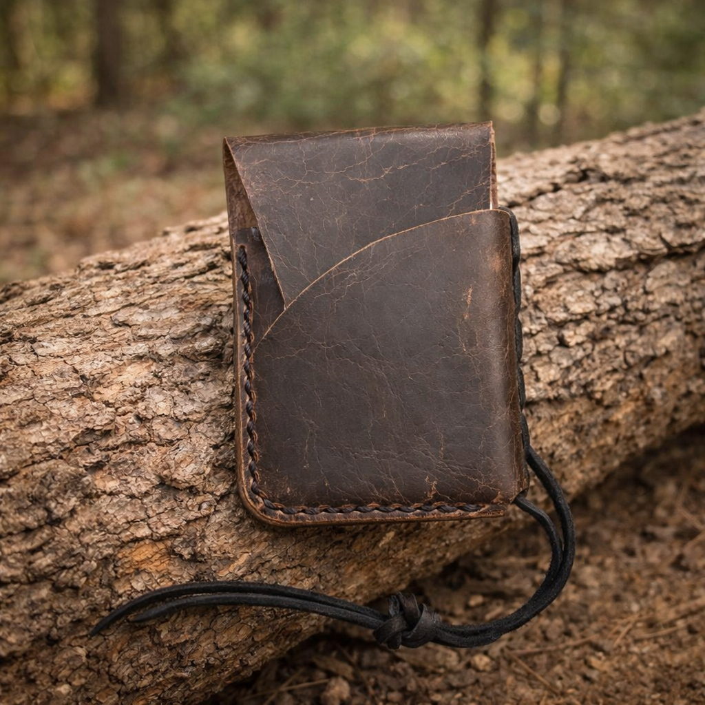 brown wallet with a fold over closure  and black leather lace on log in the woods