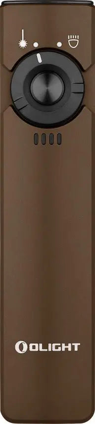 Brown Olight Arkfeld flashlight with a central knob on a brown background