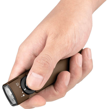 Hand holding a small brown flashlight against a white background
