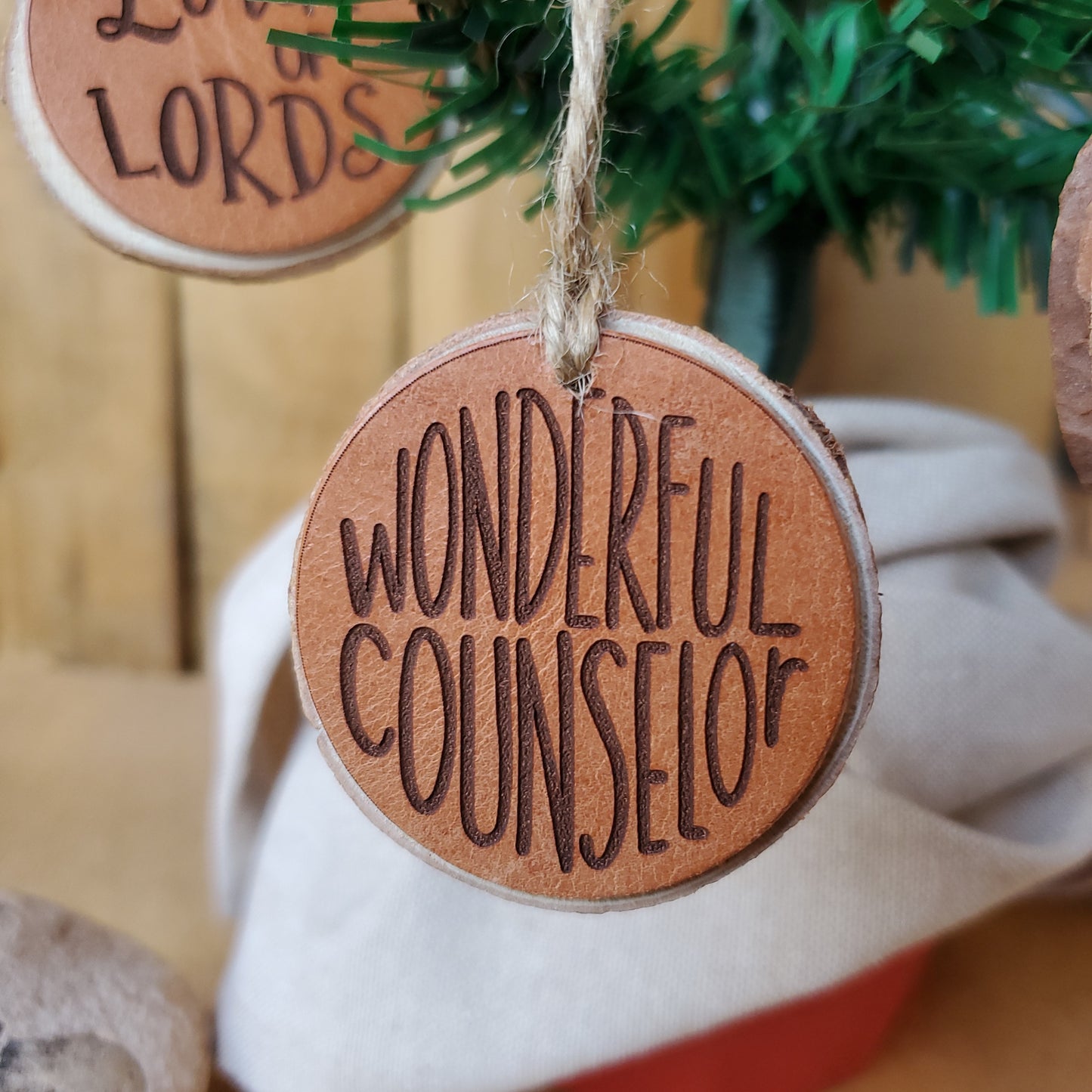 Names of Jesus Wood and Leather Christmas Ornaments - Lazy 3 Leather Company