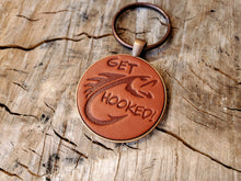 Load image into Gallery viewer, hand stamped leather &#39;get hooked&#39; keychain