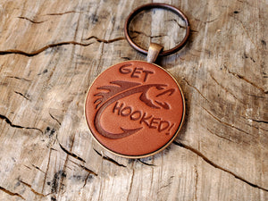 hand stamped leather 'get hooked' keychain