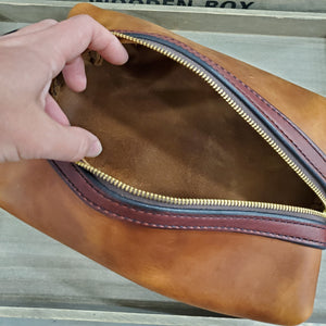 inside view of the Ginger Honcho leather dopp kit shave bag by lazy 3 leather co.