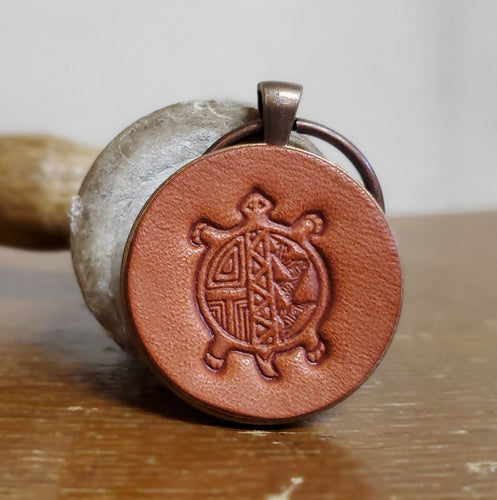 stamped leather turtle keychain made by Lazy 3 Leather Co. 