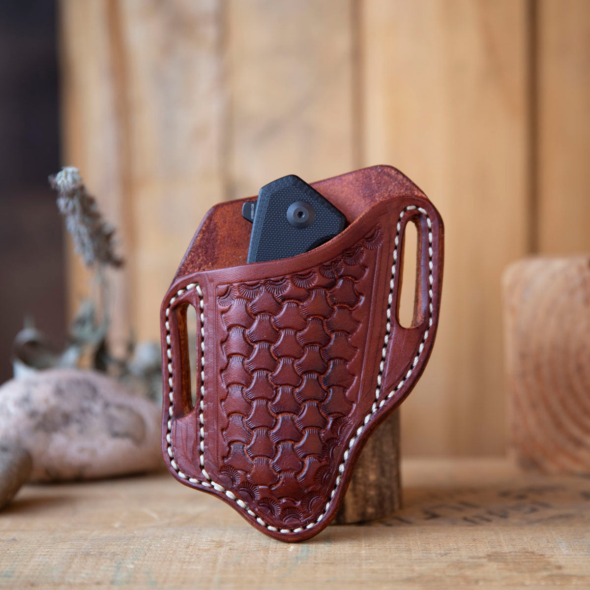 Sencut Flipper Tooled K.n.i.f.e Sheath - Lazy 3 Leather Company