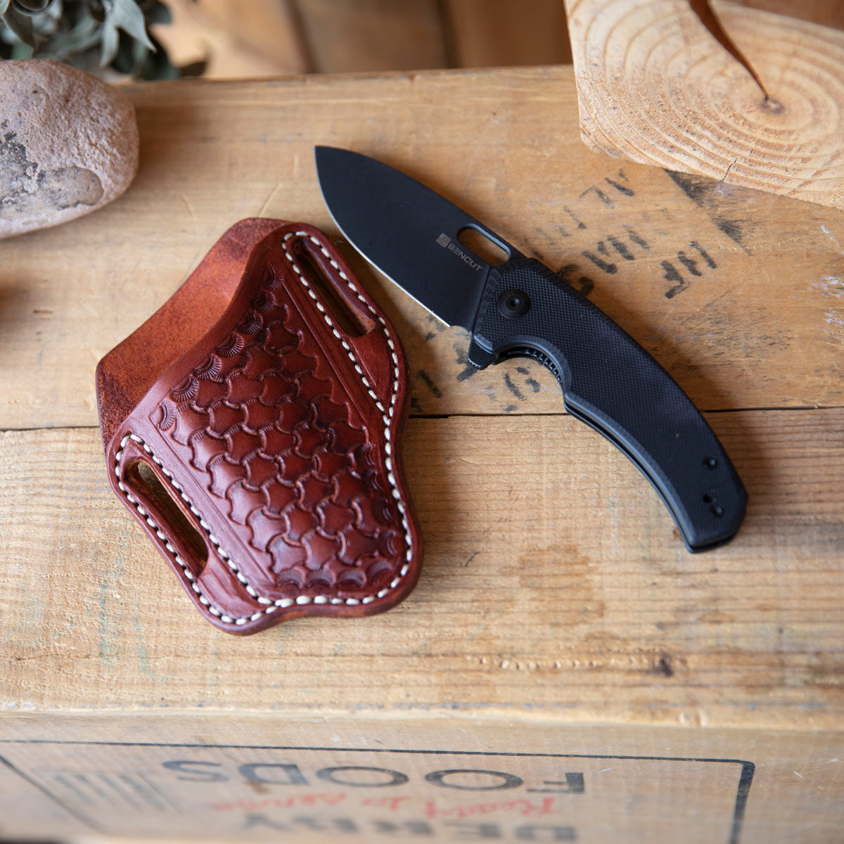 Sencut Flipper Tooled K.n.i.f.e Sheath - Lazy 3 Leather Company