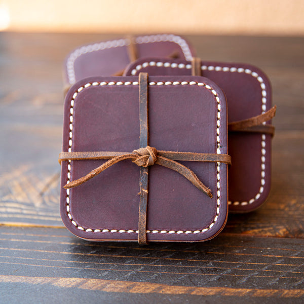 Full Grain Stitched Leather Coasters | Set of 4 | Lazy 3 Leather