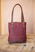 Load image into Gallery viewer, Red leather tote bag with water buffalo leather handles made by Lazy 3 Leather Co handles attached with copper rivets