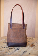 Load image into Gallery viewer, Crazy Horse leather tote bag with water buffalo leather handles made by Lazy 3 Leather Co handles attached with copper rivets