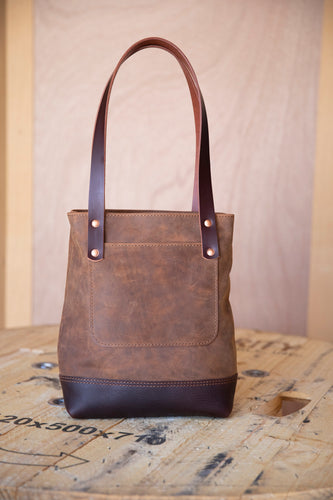 Crazy Horse leather tote bag with water buffalo leather handles made by Lazy 3 Leather Co handles attached with copper rivets