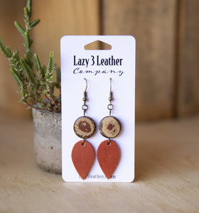 Wood and full grain leather earrings by lazy 3 leather co