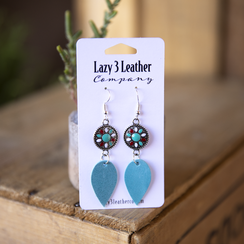 Tear Drop with Bead Leather Earrings - Lazy 3 Leather Company