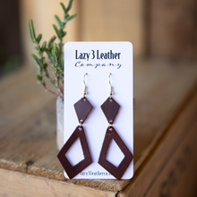 Load image into Gallery viewer, diamond drop earrings by lazy 3 leather in dark brown horween leather