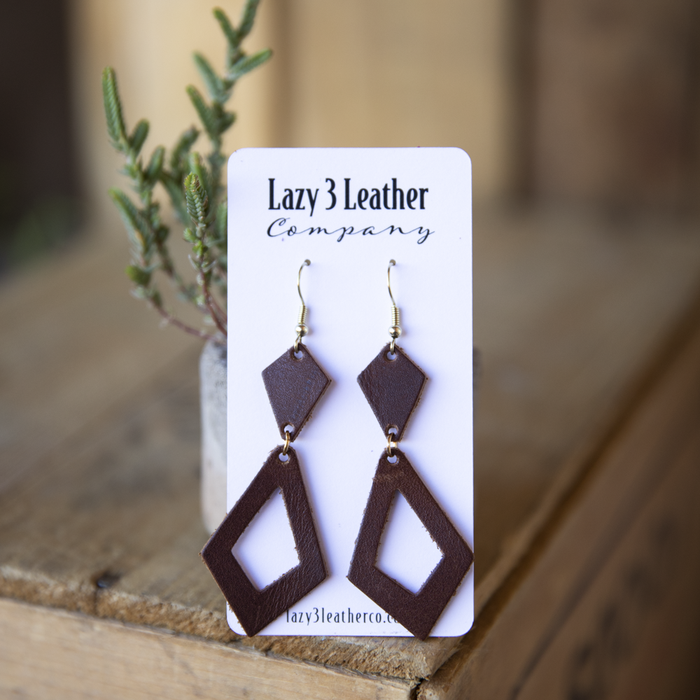 diamond drop earrings by lazy 3 leather in dark brown horween leather