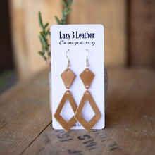 Load image into Gallery viewer, diamond drop earrings by lazy 3 leather in full grain tan yellow leather