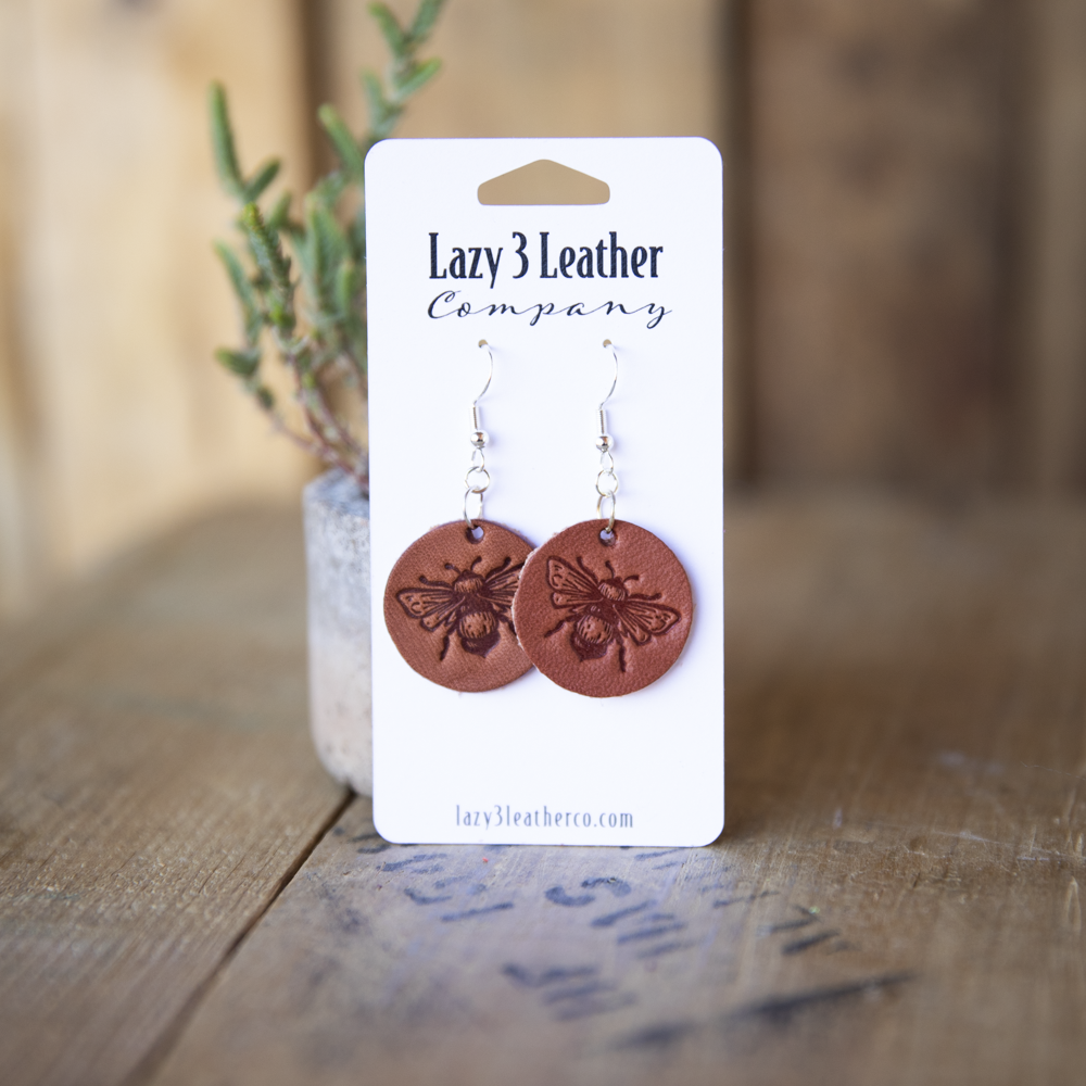 Stamped Bee Dangle Leather Earrings - Lazy 3 Leather Company