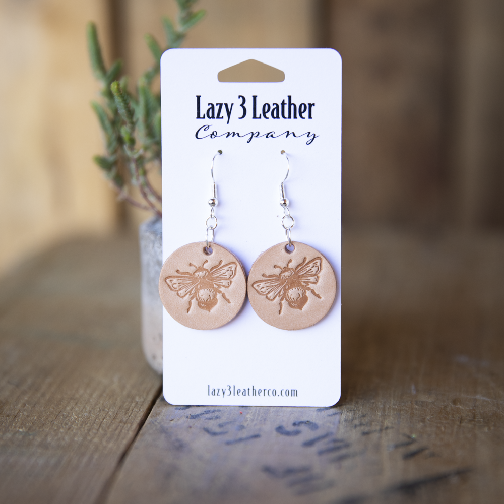 Stamped Bee Dangle Leather Earrings - Lazy 3 Leather Company