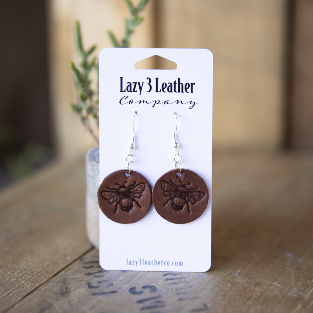 Stamped Bee Dangle Leather Earrings - Lazy 3 Leather Company