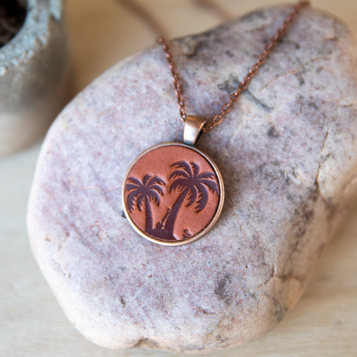 Palm Tree Leather Pendant Necklace - Lazy 3 Leather Company