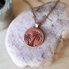Load image into Gallery viewer, palm tree leather stamped necklace in an antique copper pendant and matching chain made by Lazy 3 Leather Co.