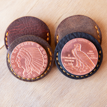 Load image into Gallery viewer, Incuse Indian Copper Rounds with Leather Sleeve EDC - Lazy 3 Leather Company