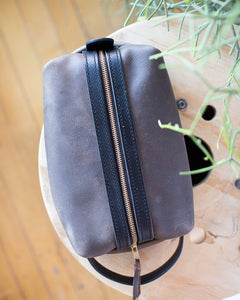 Gray and black kodiak  leather dopp kit shave bag by lazy 3 leather co.
